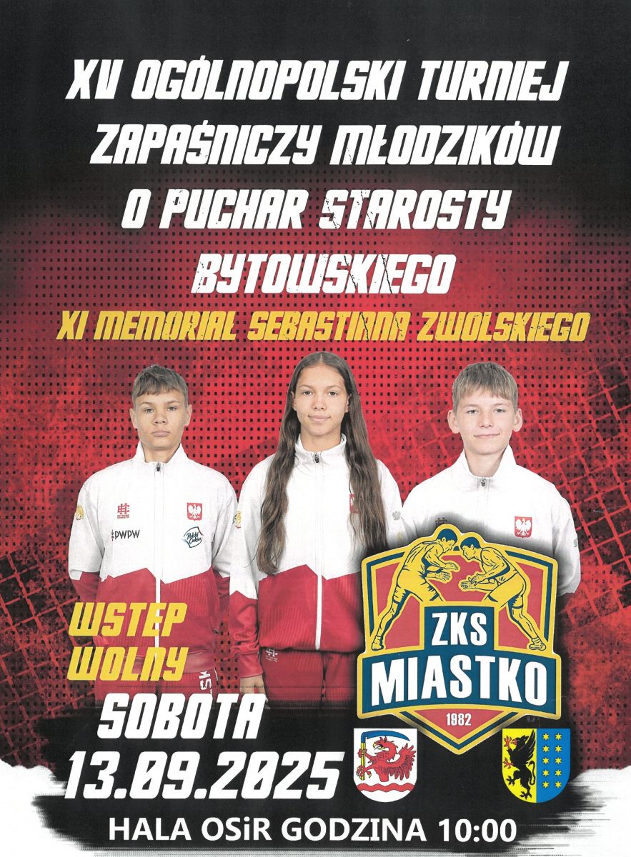 Plakat: XV ogólnopolski Turniej Zapaśniczy Młodzików o Puchar Starosty Bytowskiego